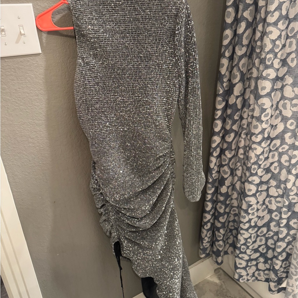Michael Costello Glittering Silver Long Sleeve Dress